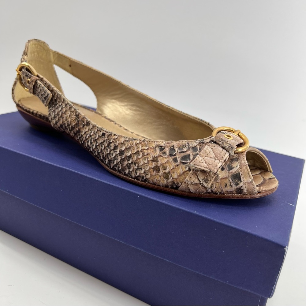 Stuart Weitzman Flats Shoes Neutral Beige Peep Toe Sz 8 N Slip On Cut Out Buckle